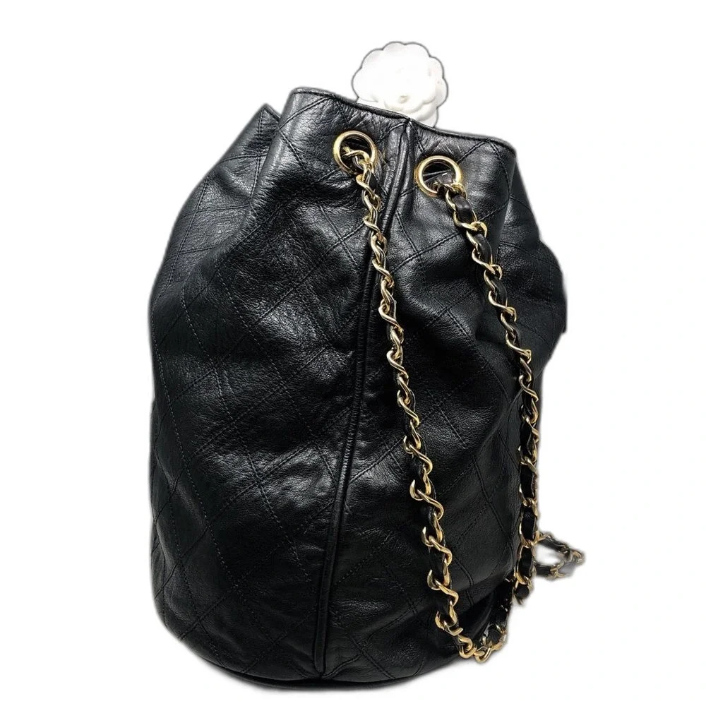 Vintage Chanel Black Lambskin Quilted CC Drawstring Bucket Bag Leather Backpack